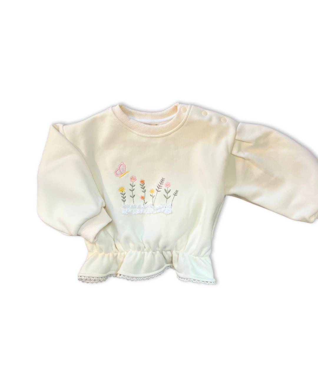 Elfenbein weisser Kinderpullover mit dezenten Blumen Applikationen