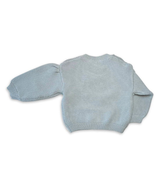 Rückenansicht des blauen Kinder Strick Pullovers