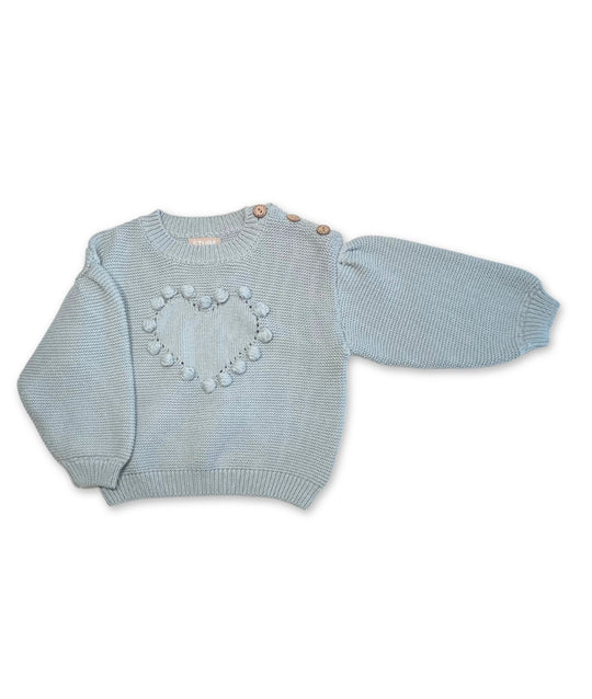 Blauer Kinder Strick Pullover mit Herz-Pompons-Motiv