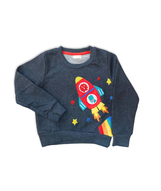 Kinderpullover mit applizierter Rakete und Dino-Astronauten 