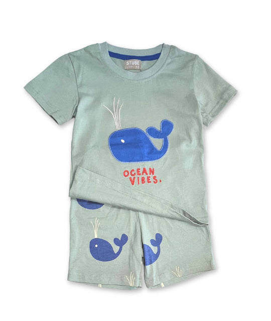 Sommerset (T-Shirt & kurze Hosen) in Türkisgrün für Kinder mit Walen