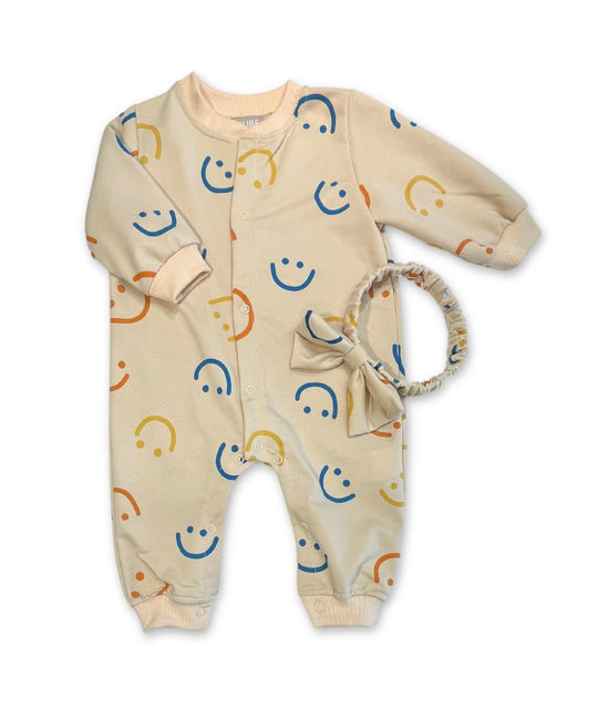 Lustiger Baby Strampler mit farbigen Smiley-Prints und passendem Haarband